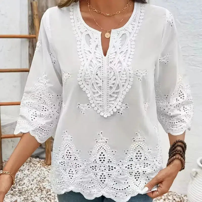 Temperament loose white embroidered blouse with long sleeves and lace trim by Simples Market