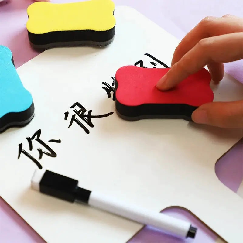 4-piece magnetic colorful whiteboard marker set with built-in erasers; red eraser held by hand beside a white marker