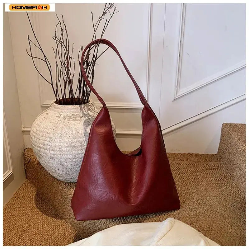 Homefish Spacious PU Leather Tote Bag With Retro Design For Everyday Use Durable Shoulder Bag
