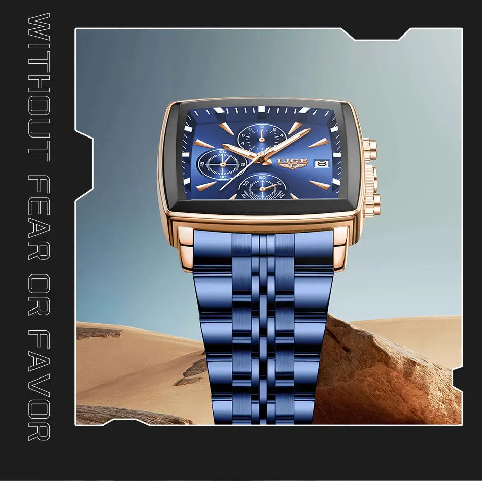 LIGE men's square blue dial watch with rose-gold case and blue stainless steel bracelet, waterproof quartz movement