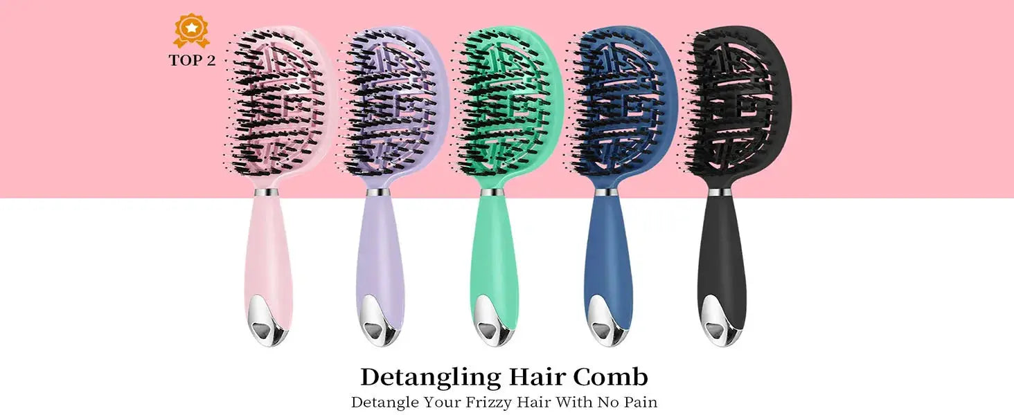 Detangling hair comb set of five pastel-colored brushes in pink, lavender, mint, blue, and black.