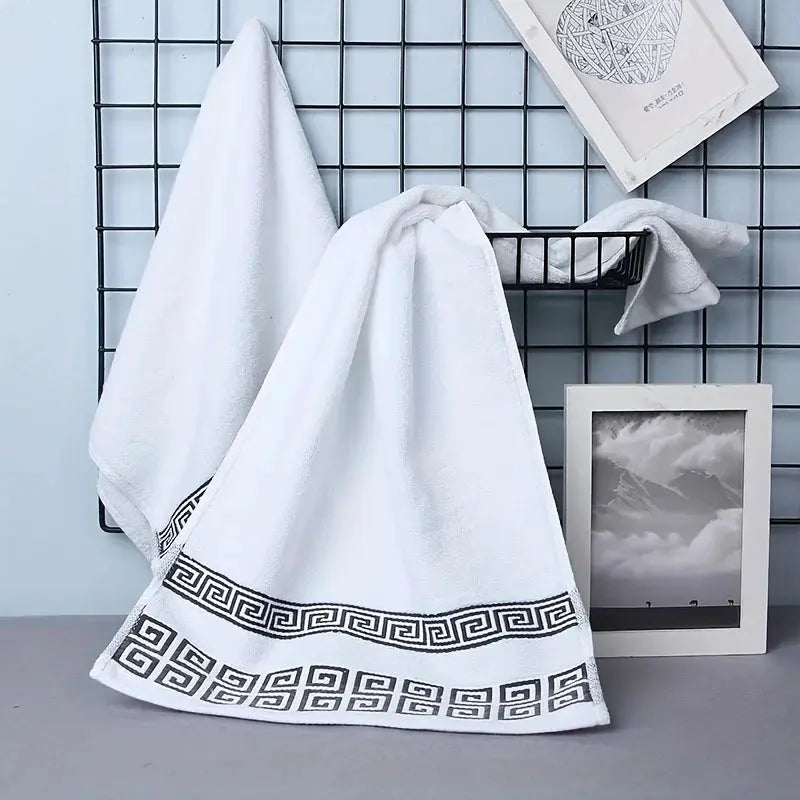 Simples Market 2pc white 100% cotton bathroom towel set with black embroidered Greek-key border.