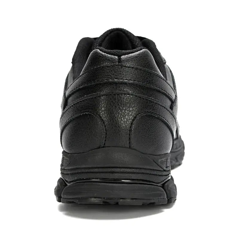 Men's black leather running shoes with textured upper and chunky outsole