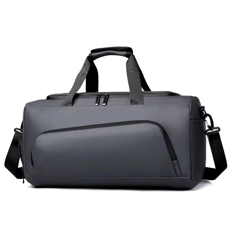 Gray sports gym bag with dual top handles, detachable shoulder strap, front curved zip pocket, large capacity.