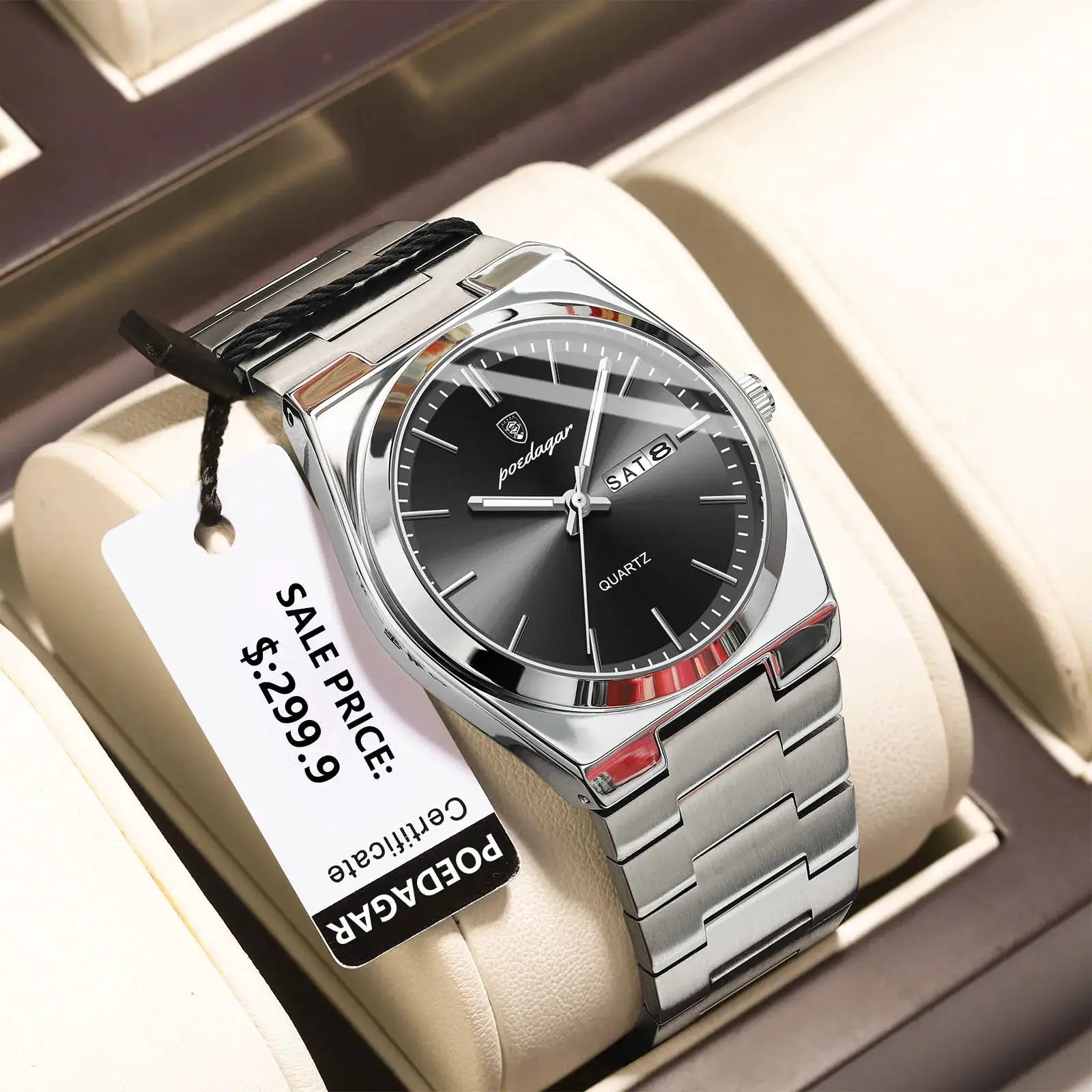 POEDAGAR stainless steel men's wristwatch with black dial, date window, and quartz movement