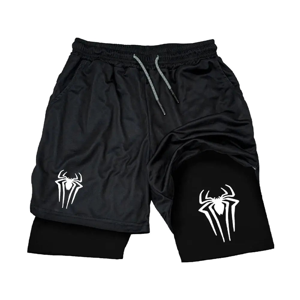 Y2K Spider Print 2-in-1 gym shorts for men, black with spider logos, Simples Market