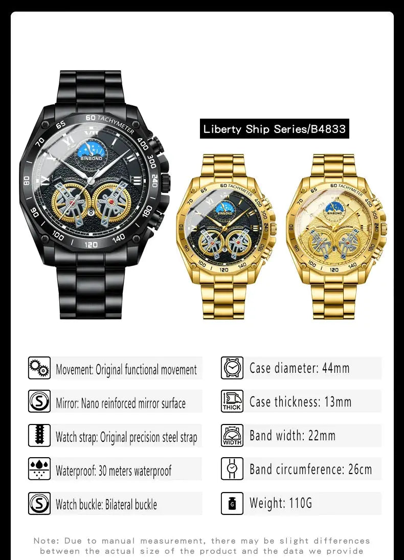 BINBOND luxury men's quartz watches set; black and gold-tone metal bands, three-piece collection.