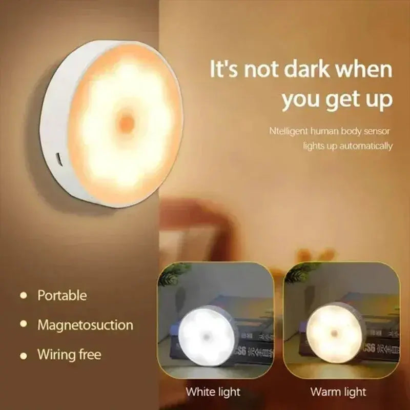 Motion Sensor Light USB rechargeable night light by Simples Market; white or warm LED for kitchen, hallway, or cabinet.