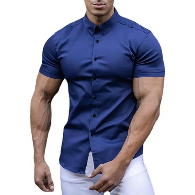 Men's slim-fit blue short-sleeve dress shirt, button-down casual formal style