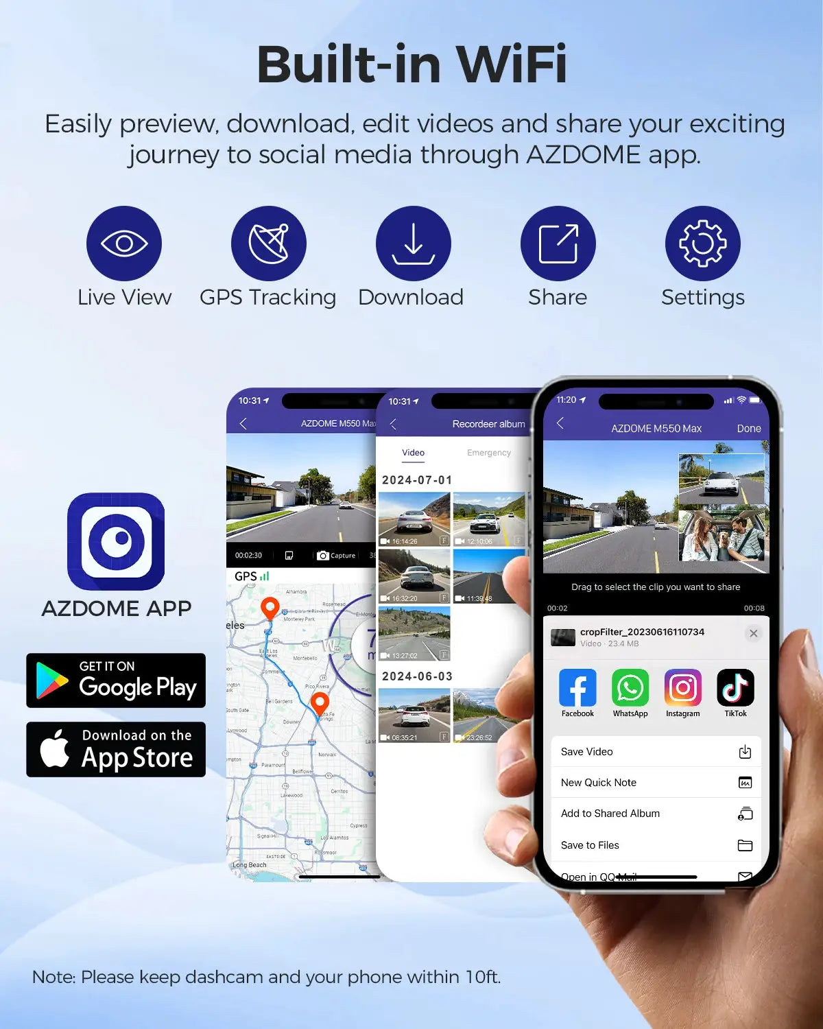 AZDOME M550 Max dash cam with built-in WiFi and GPS, shown with AZDOME app on smartphones