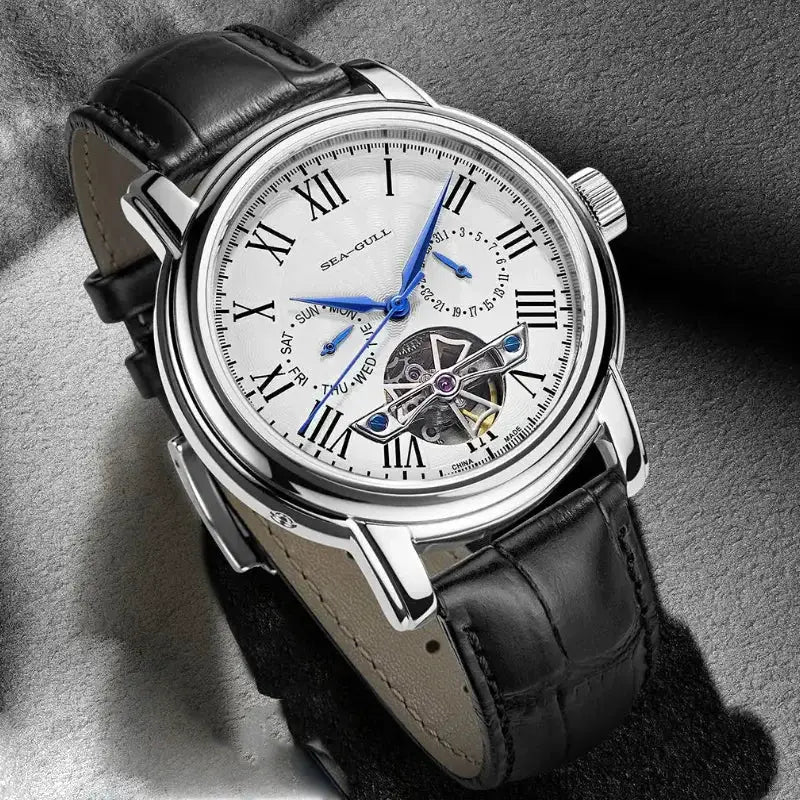 SEAGULL luxury mechanical men's watch with stainless steel case, white Roman dial, blue hands, black leather strap