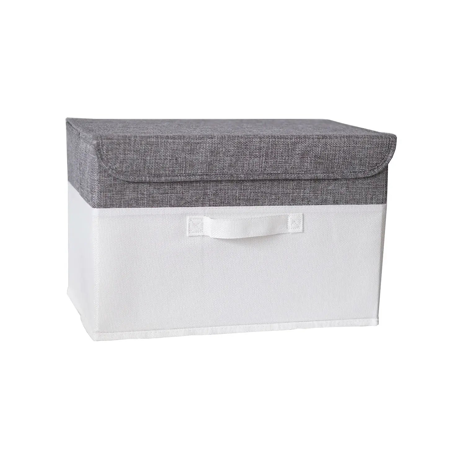 Fabric storage box with lid; gray cotton-linen top and white base, foldable bin for toys and laundry.