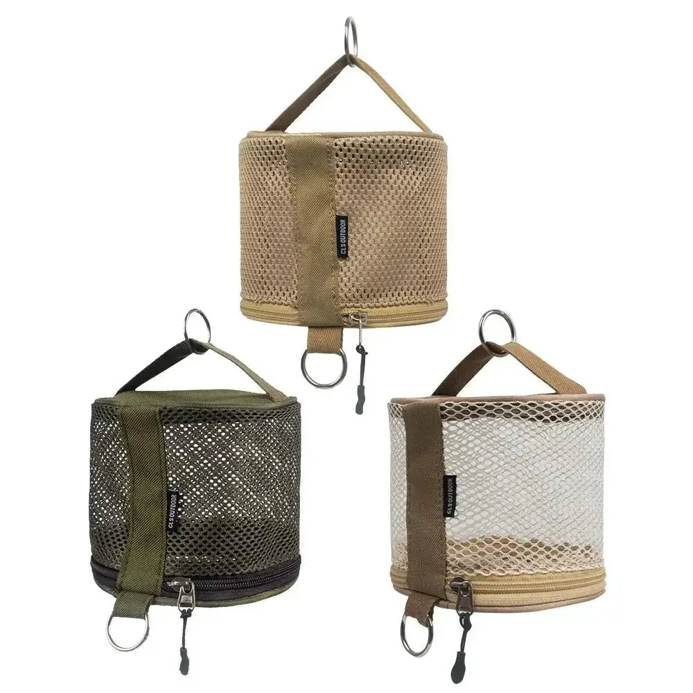 Outdoor camping tissue case set of three in tan, olive, and beige mesh with hooks by Simples Market