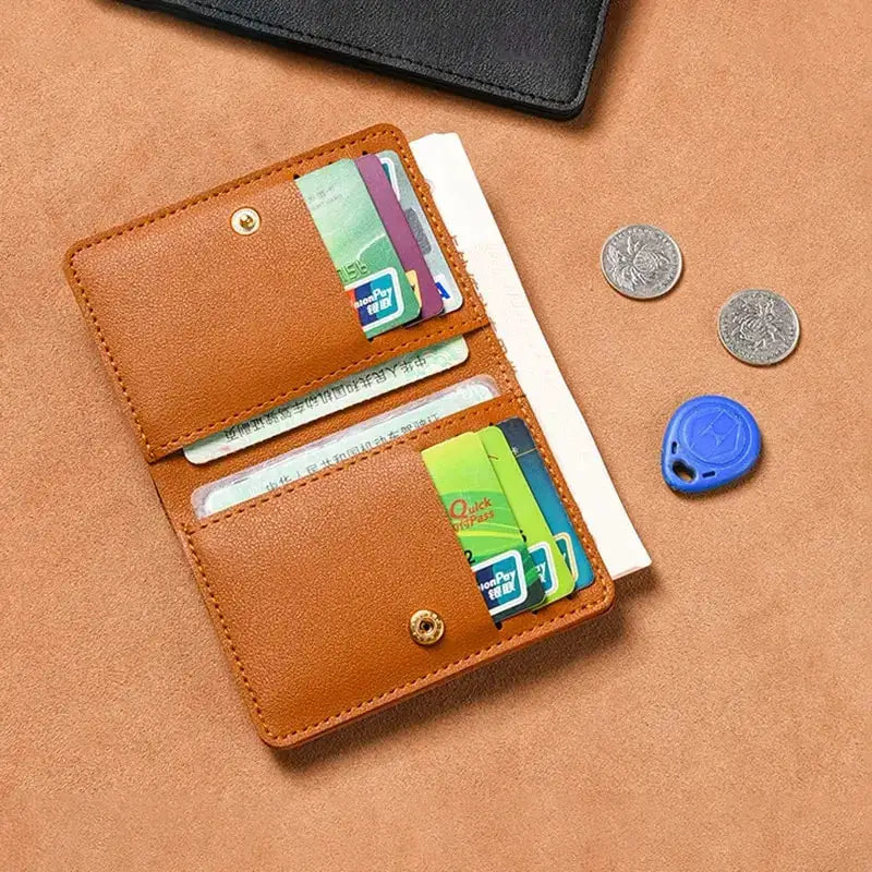 Tan PU leather small wallet with card slots and coin pocket