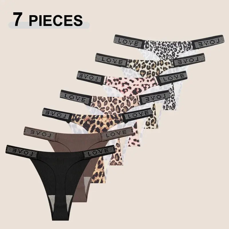 7-piece leopard-print thong set with crystal-embellished waistband; low-rise, breathable for women