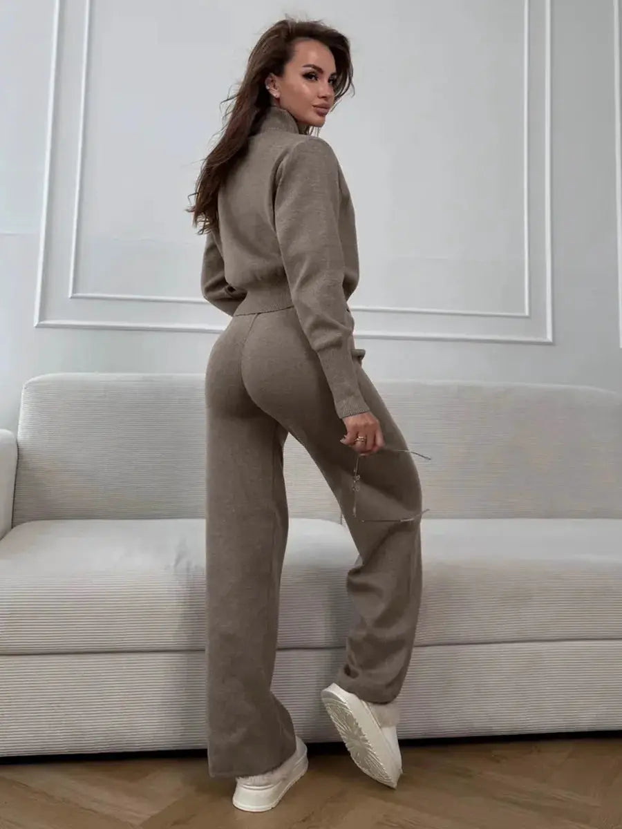 Bornladies Knit Zip Up Cropped Cardigan With Wide Leg Pants Set Women