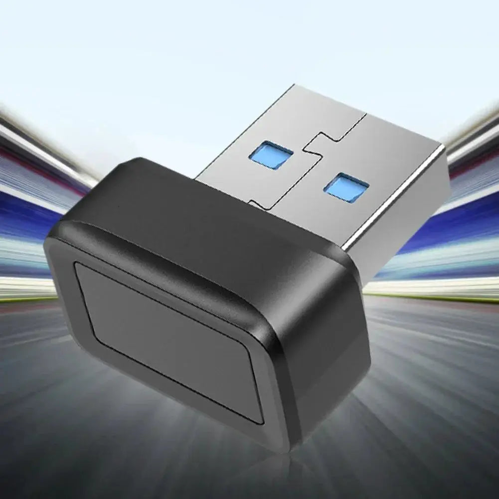 USB fingerprint reader by Simples Market; black biometric USB dongle with blue USB 3.0 connector.