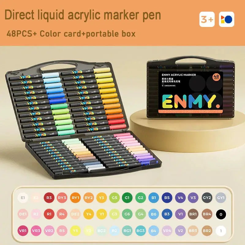 ENMY direct liquid acrylic marker pen set, 48 pens with color swatch card and portable case