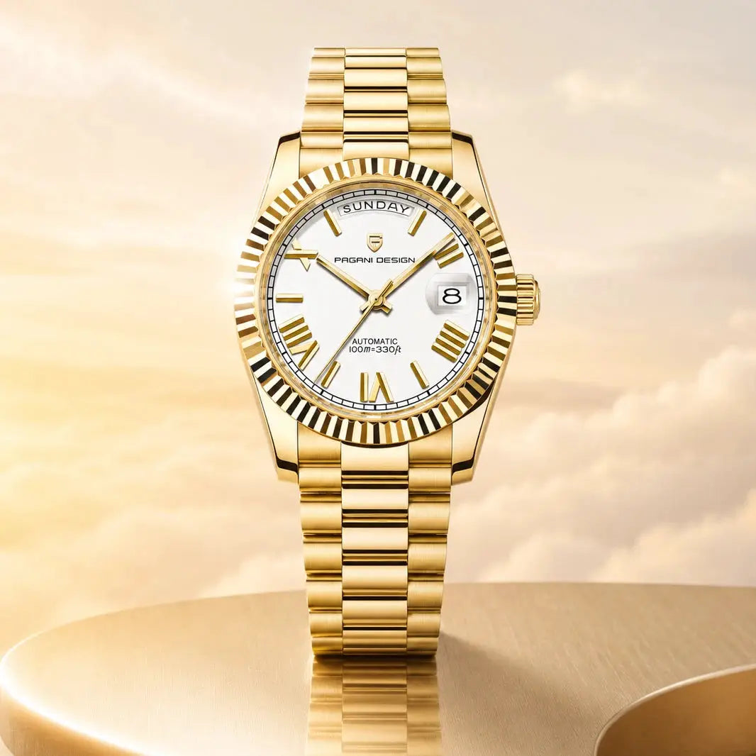 Pagani Design men's gold automatic wristwatch with white dial and gold stainless steel bracelet