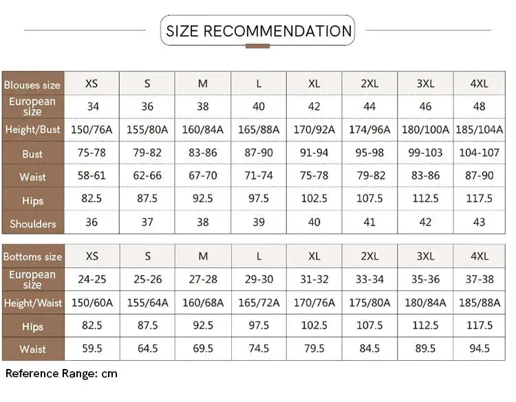 AMII Minimalism women's pants size chart with European sizes and height, bust, waist, and hips.