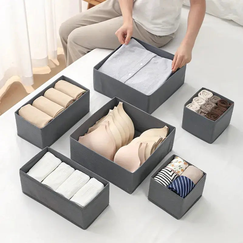 Fabric underwear storage box set by Simples Market; gray organizers for bras, socks and underwear.