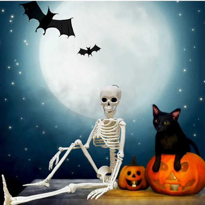 Skeleton Halloween prop, white plastic humanoid figure, 1pc, in a haunted-house display with pumpkins and a black cat.