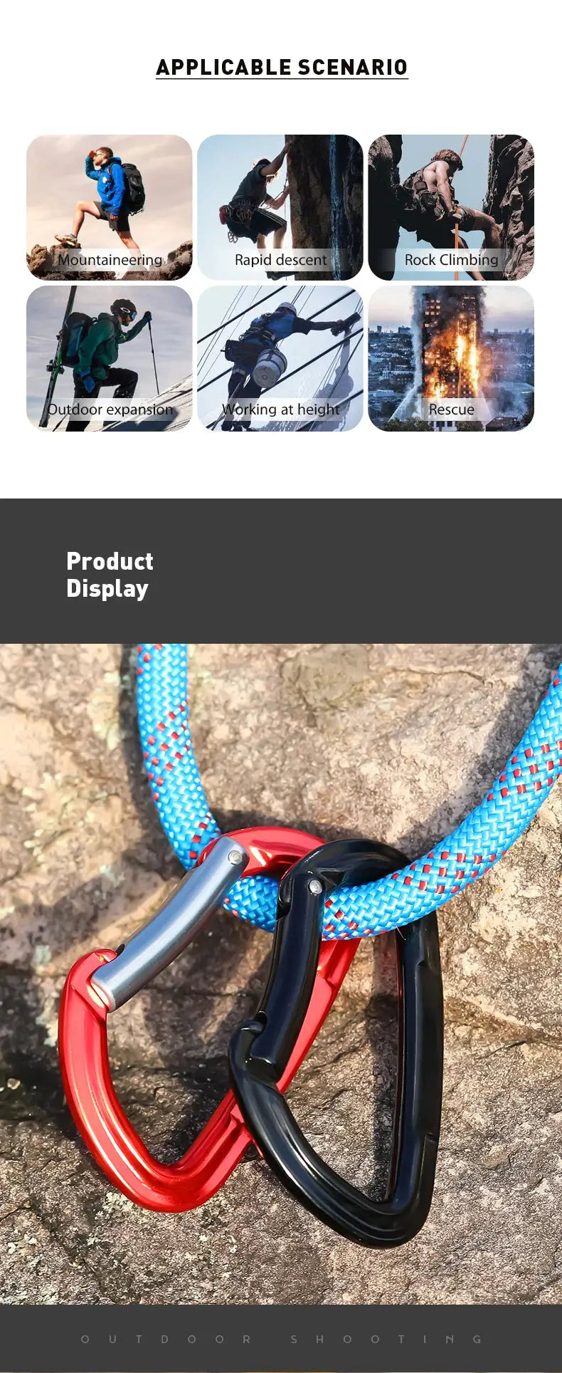 Pair of Simples Market CLIWIZ SGM7118 curved D/straight UIAA CE climbing carabiners, 7075 aluminum, red and black
