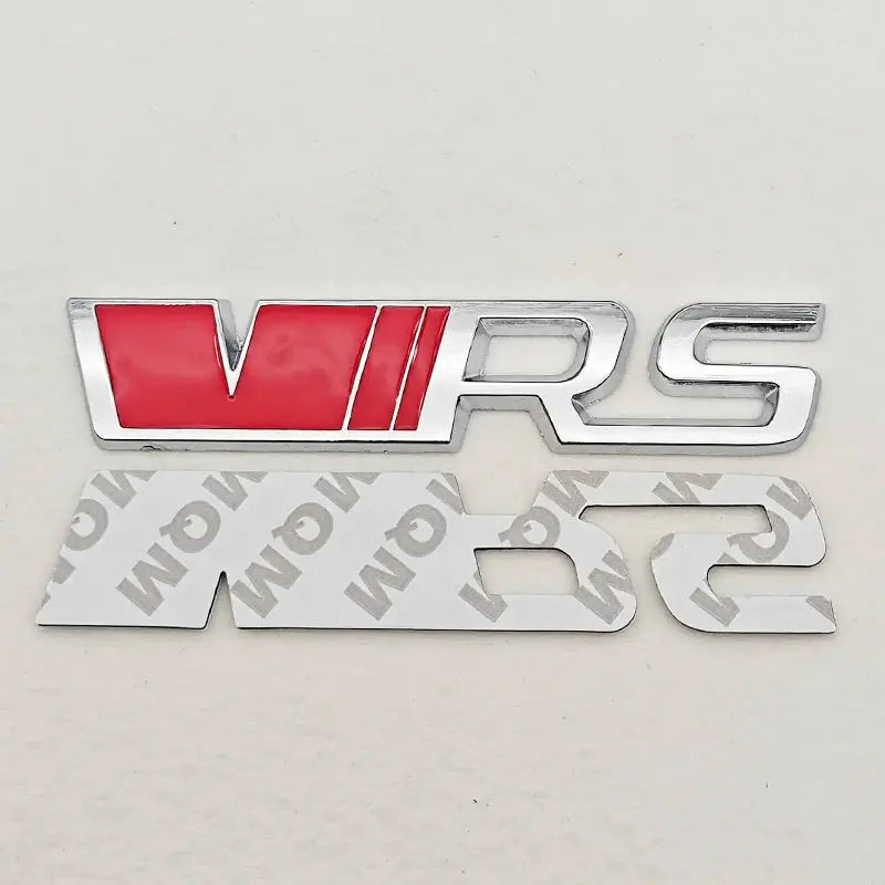 3D metal VRS badge set for Skoda RS; chrome letters with red V, plus RS cutout on 3M backing