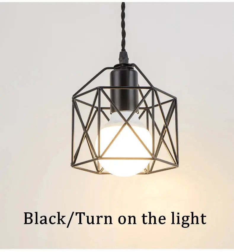Modern LED pendant light with black metal geometric cage frame for living room or cafe