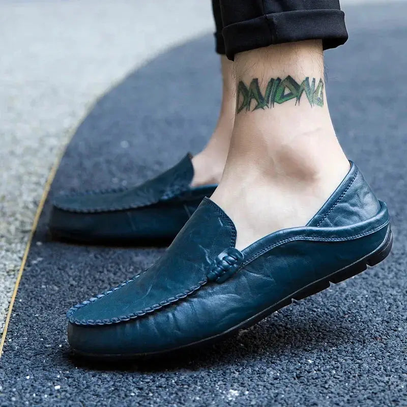 Simples Market men's blue genuine leather loafers, slip-on moccasin-style casual shoes