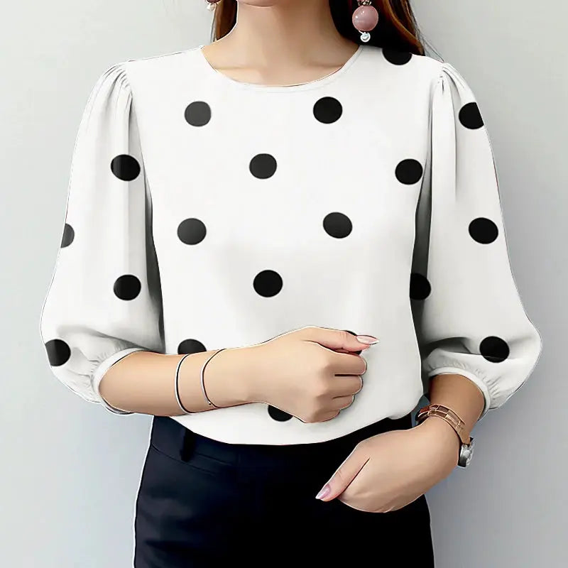Polka Dot Blouse For Women ZANZEA O Neck Three Quarter Sleeve Top