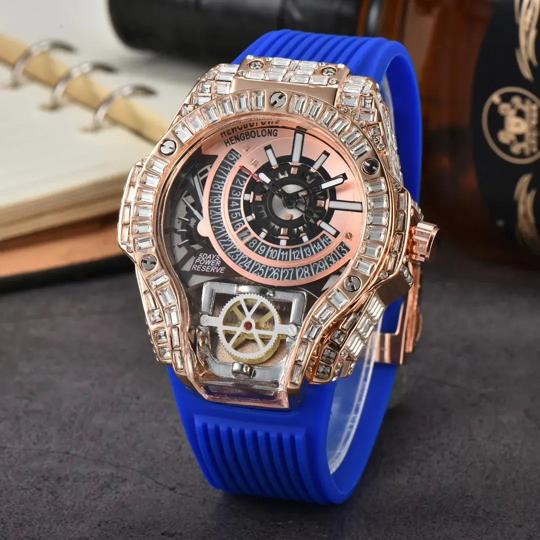 Men's luxury watch with full diamond-studded rose-gold case and blue silicone strap by Simples Market