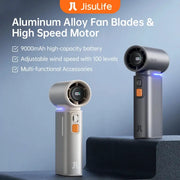 JISULIFE portable handheld fan with aluminum blades, LED display, and 9000mAh battery; two gray and white units.