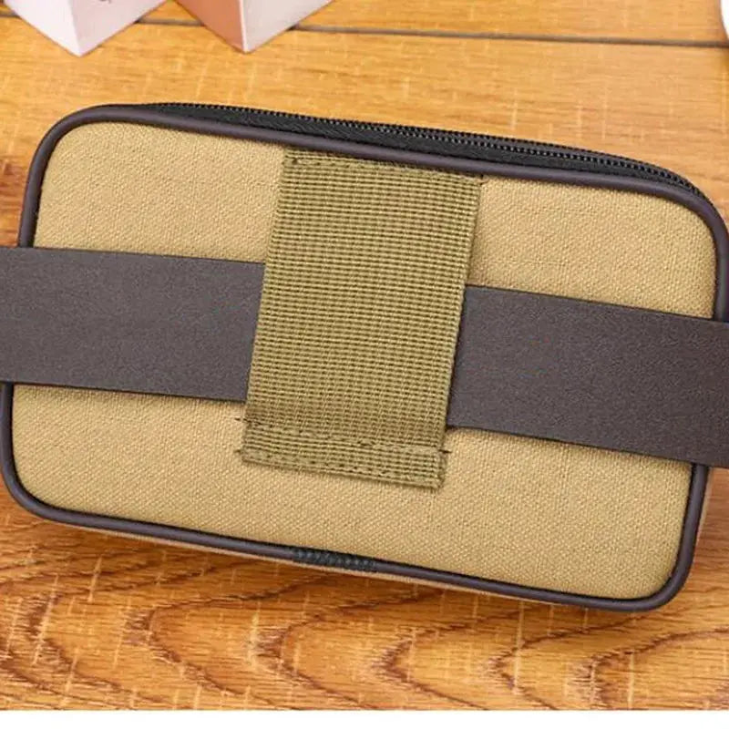 Men's waist pack bum bag in tan nylon with olive strap and black zipper.