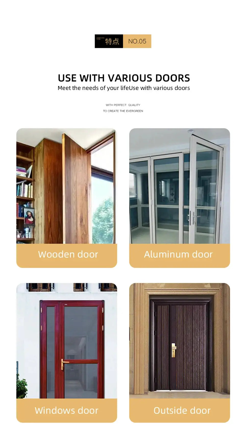 Automatic door closer by Simples Market; four door types shown: wooden door, aluminum door, Windows door, outside door.