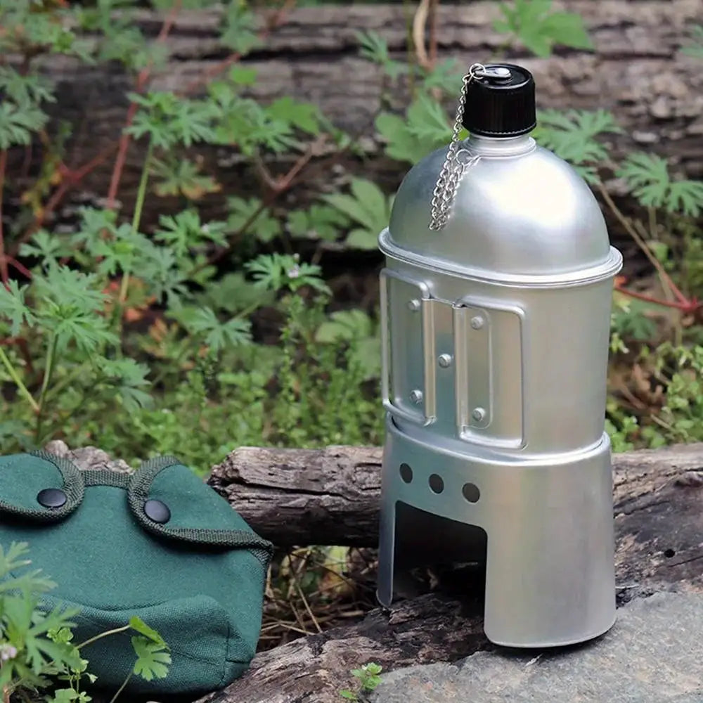 4-piece aluminum military canteen cookware set with grab-handled cup and green canvas bag