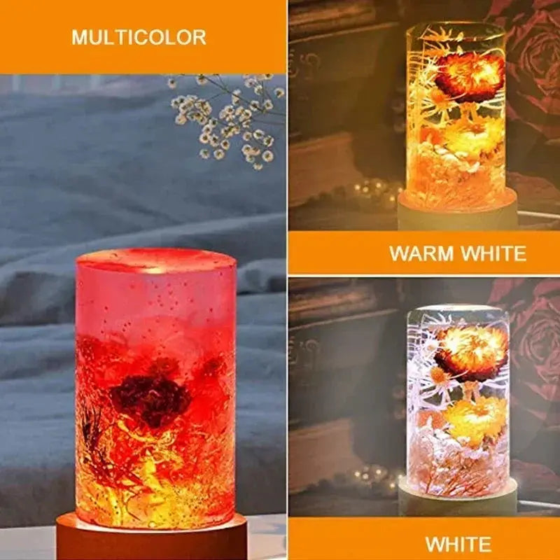Round wooden LED night light base with 3D floral resin cylinder; 6/8/10 cm, set of 3 color variants