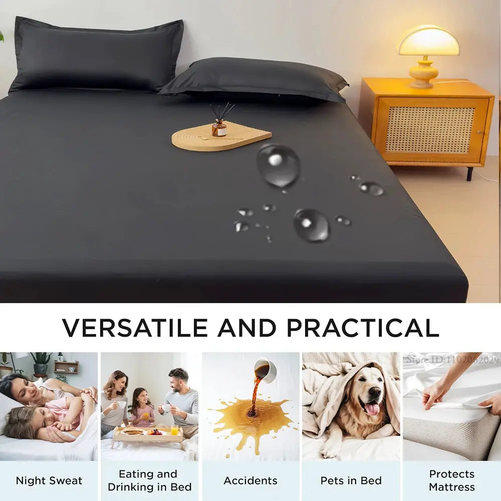 Waterproof mattress cover and fitted sheet in gray on bed with water droplets design