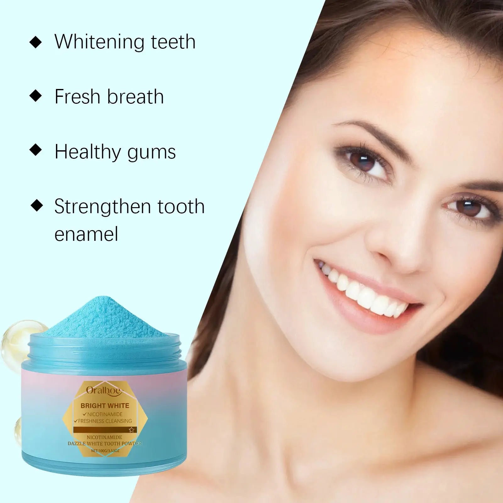 Simples Market Niacinamide Intensive Whitening Toothpaste Powder; blue powder in a pink jar with a smiling woman