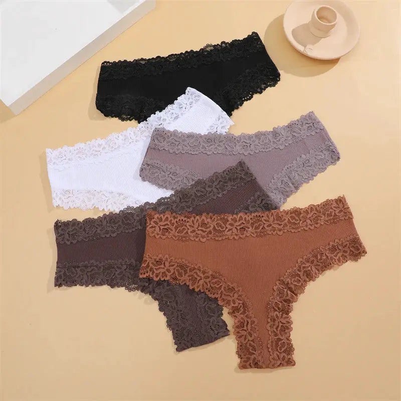5-piece set of women's cotton lace panties in black, white, gray-lavender, taupe, and brown