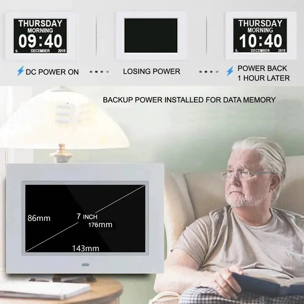 12 Alarms LED Calendar Clock, white 7-inch display with multi-language reminders, in a living room scene
