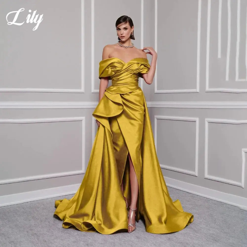Lily Red Satin Prom Gown Off Shoulder Party Dress Pleated Side Split