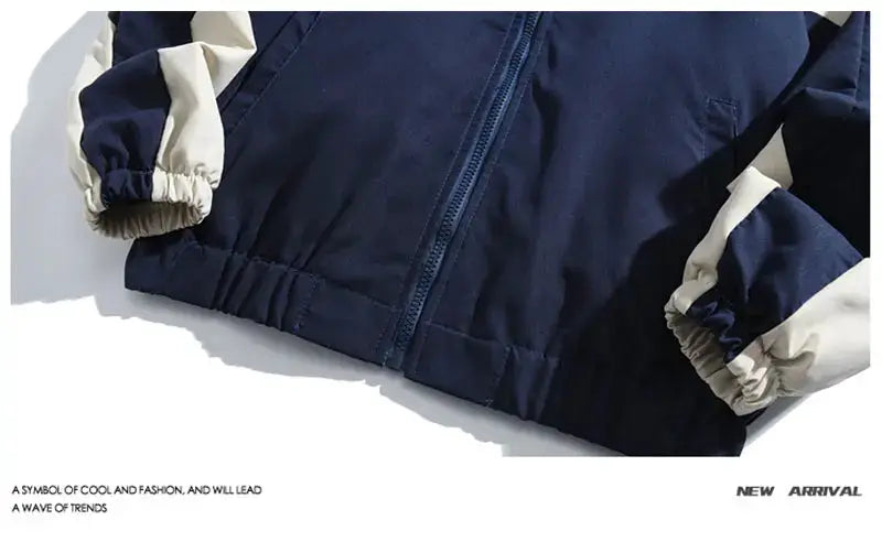 Hip Hop varsity windbreaker jacket, navy with cream sleeves, front zip, elastic cuffs and hem