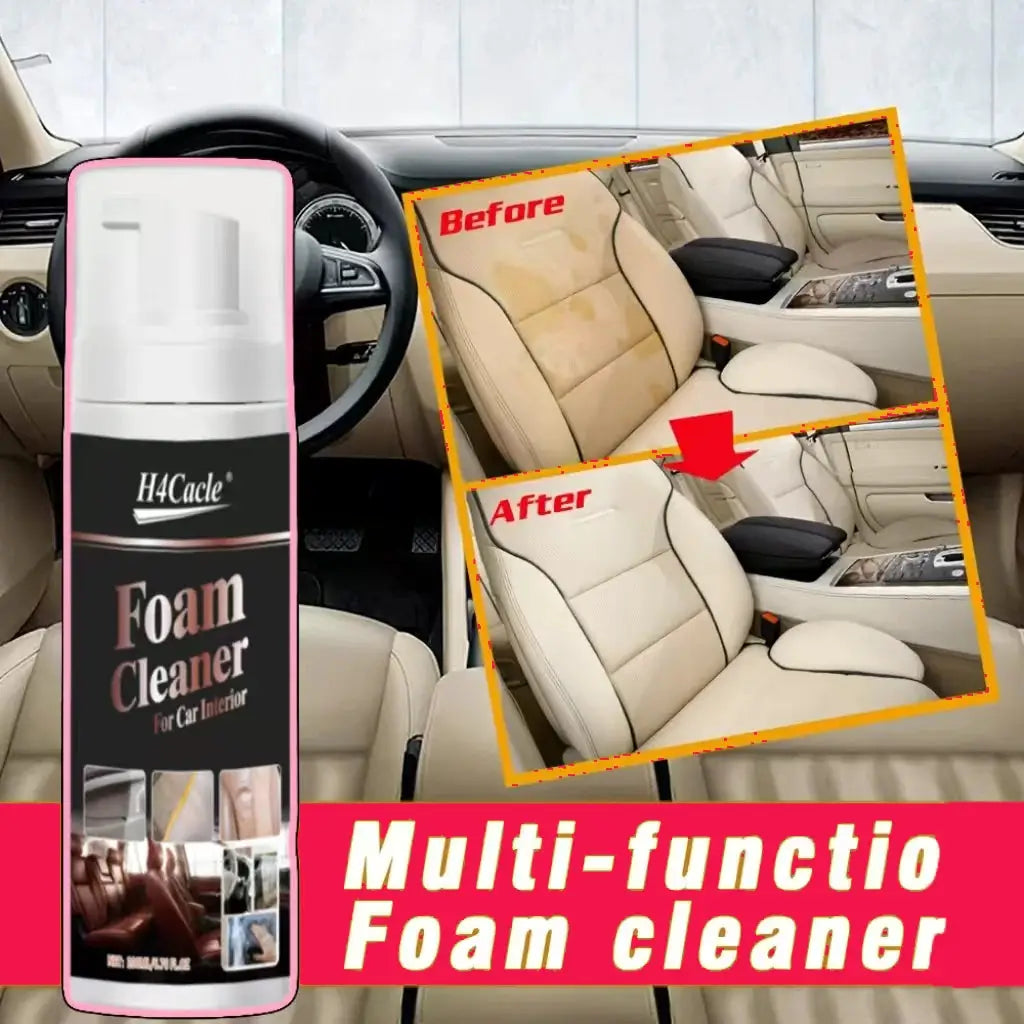 Foam cleaner for car interior; white bottle with pink label beside beige leather seats, showing before and after
