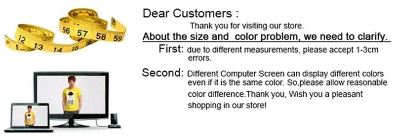 Size and color discrepancy notice with measuring tape and screens explaining 1–3 cm errors.