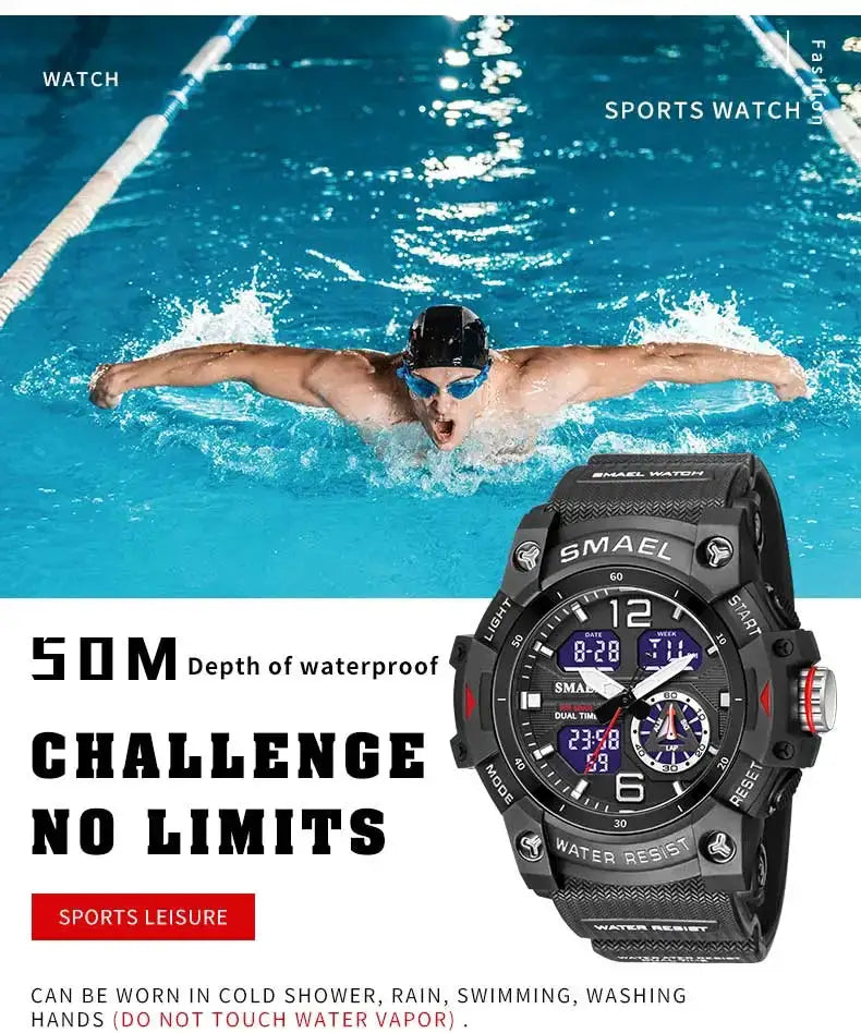 SMAEL sport watch, black military-style wristwatch with LED digital display, backlight, dual time, 50M water resistant.