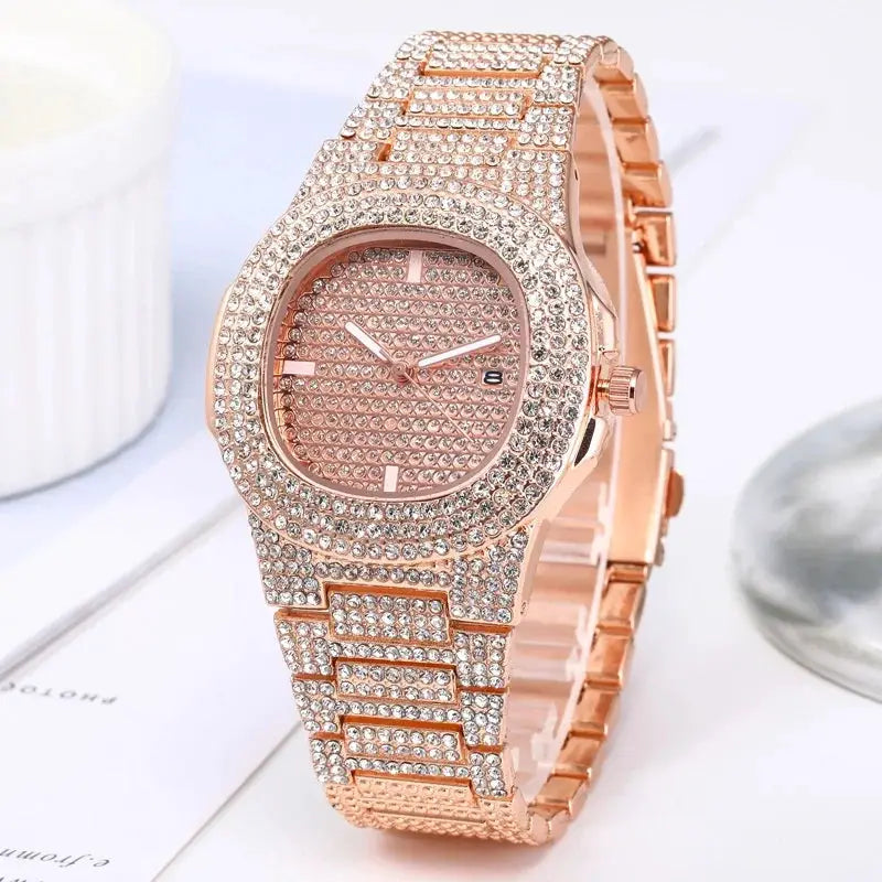 Men's luxury full-diamond rose-gold stainless steel watch with calendar.