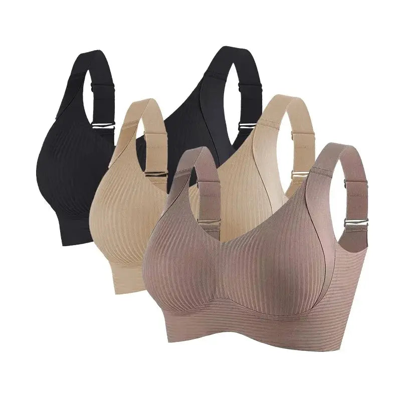 4-pack women's push-up bras, non-wire seamless ribbed with V-neck, plus-size, in black beige taupe pink