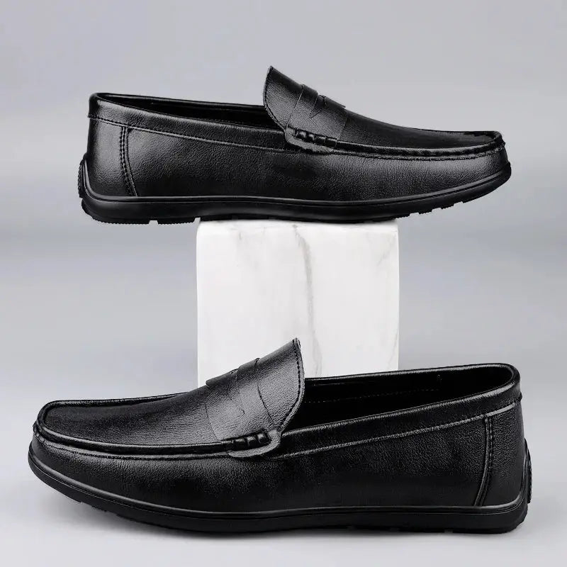 Men's black leather loafers, slip-on dress shoes, 2 pairs displayed