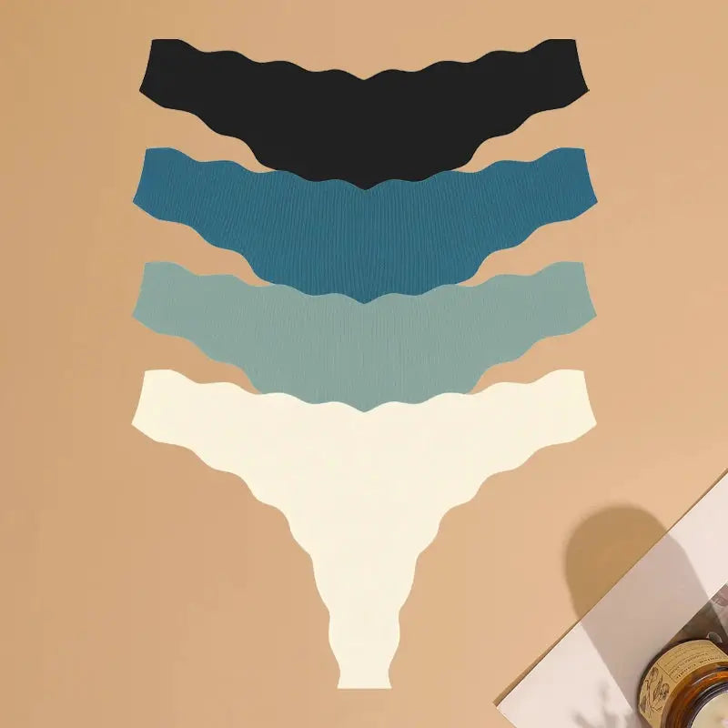 4-pack seamless women’s thong underwear in black, blue, teal, and ivory